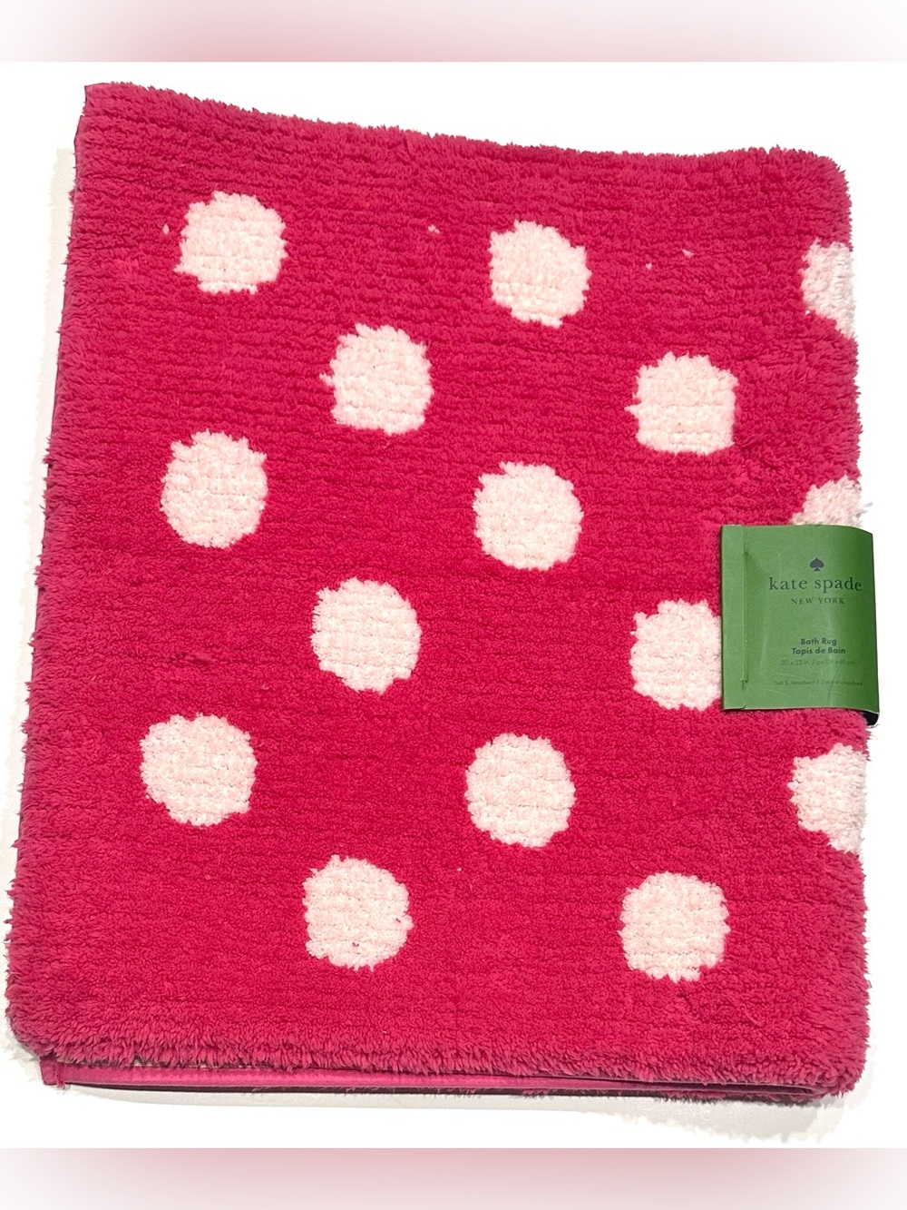 NEW, Kate Spade New York Hot Pink Plush Polka Dots Bath Rug 20x32 Bath Mat - Picture 3 of 8